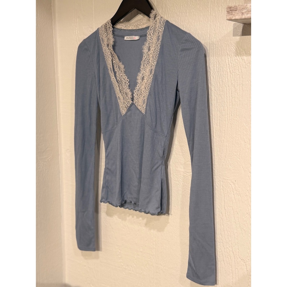 Intimately Free People Blue Ribbed Lace Trim V-Neck Long Sleeve Top Small